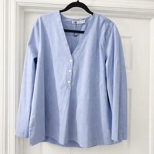 Zara Blue & White Pinstripe Oversized V-Neck Wide Sleeve Blouse Medium